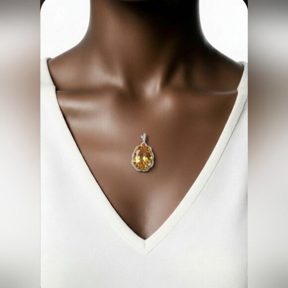 925 Sterling Silver Large Pendant 3x2cm with Natural Citrine Gem & Cz - Picture 2 of 7